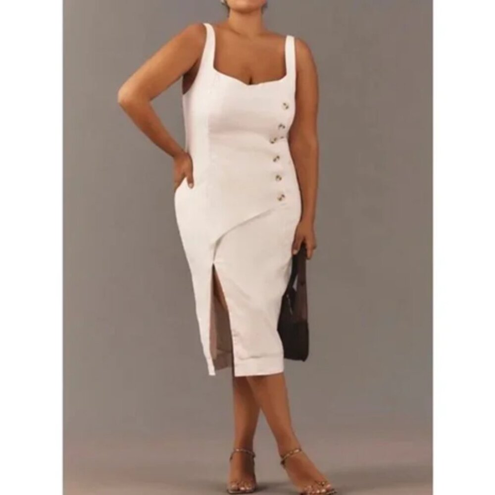 By Anthropologie Sleeveless Linen Button Wrap Midi Dress White 1X Plus